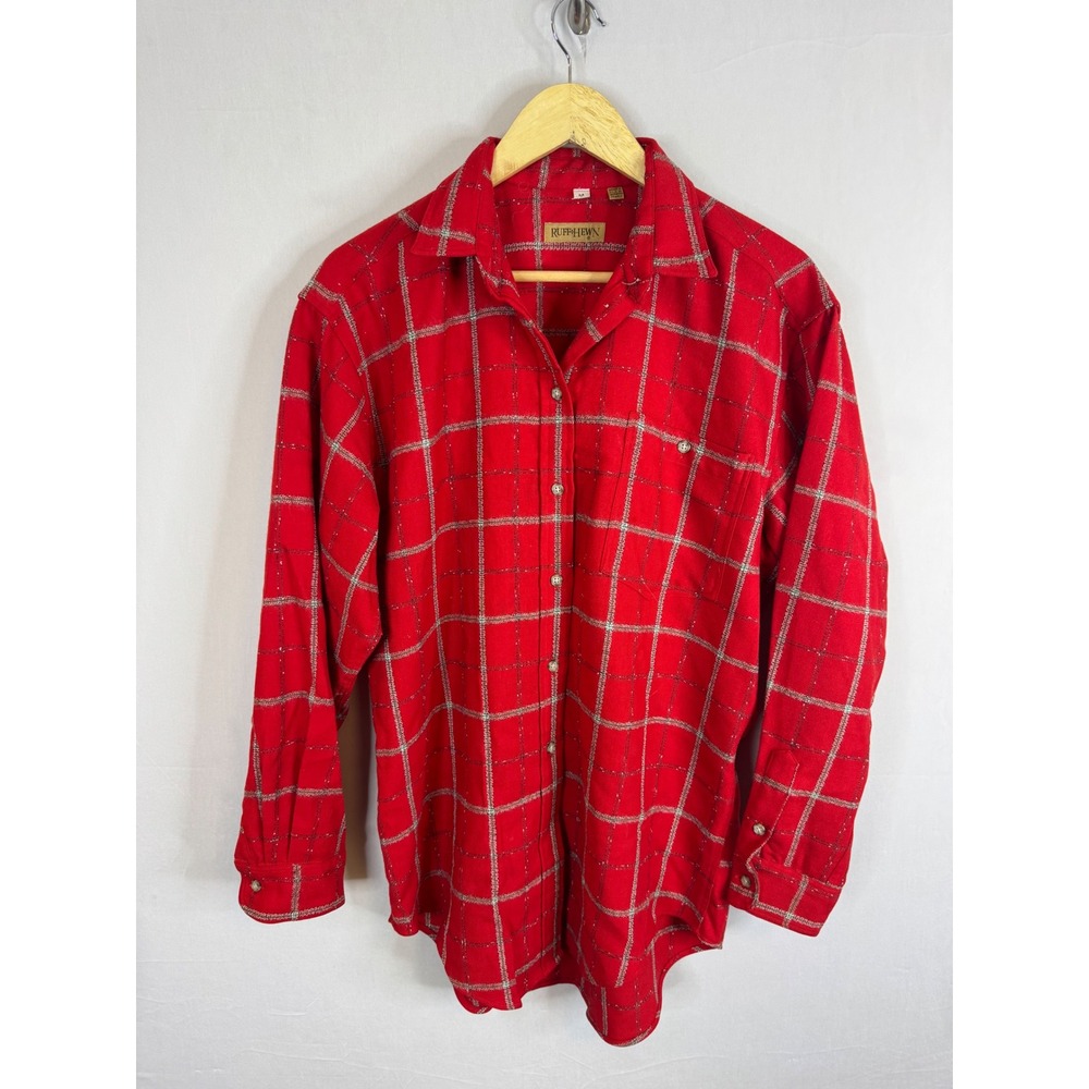 VIntage Rough Hewn Red Plaid Silver‎ Thread Flannel Button Shirt Mens M Made USA